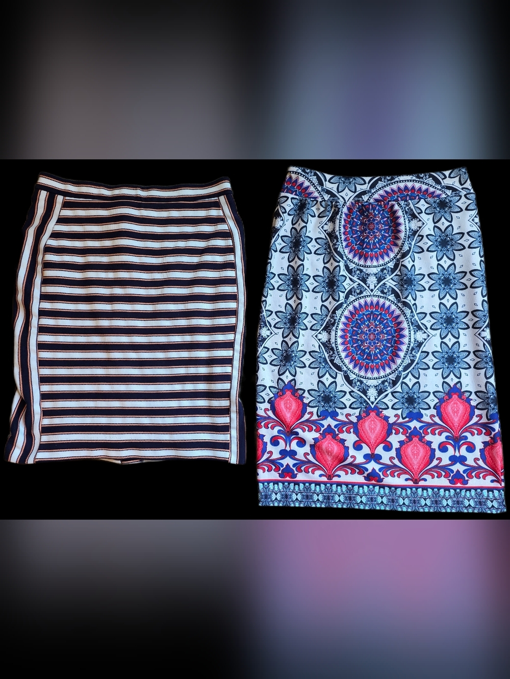 Banana Republic Navy, White & Tan Striped Skirt & Floral Skirt